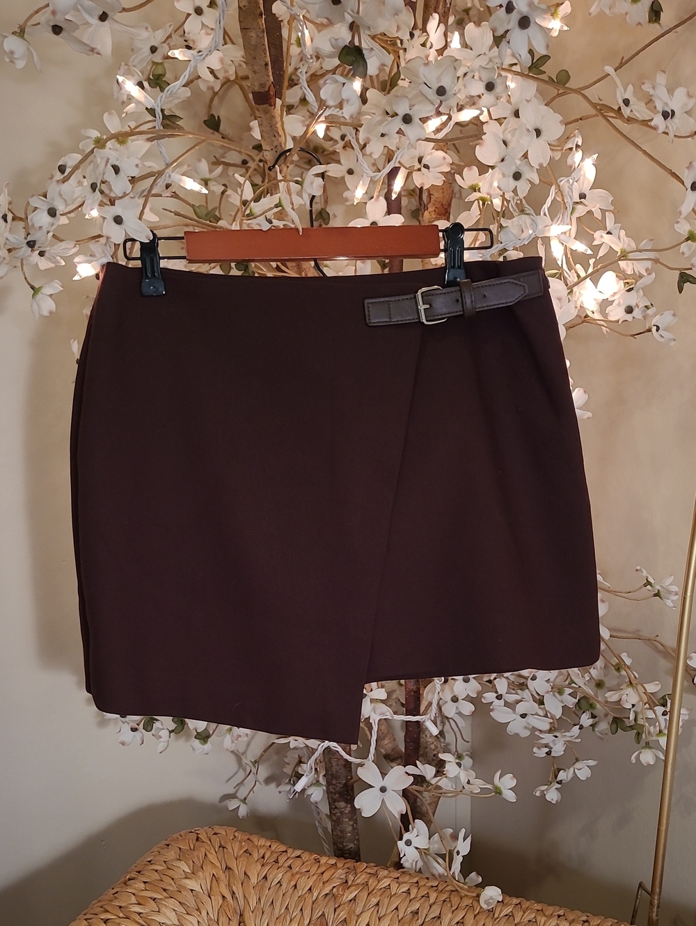 Commense Chocolate Brown Wrap Mini Skirt with Belt Detail